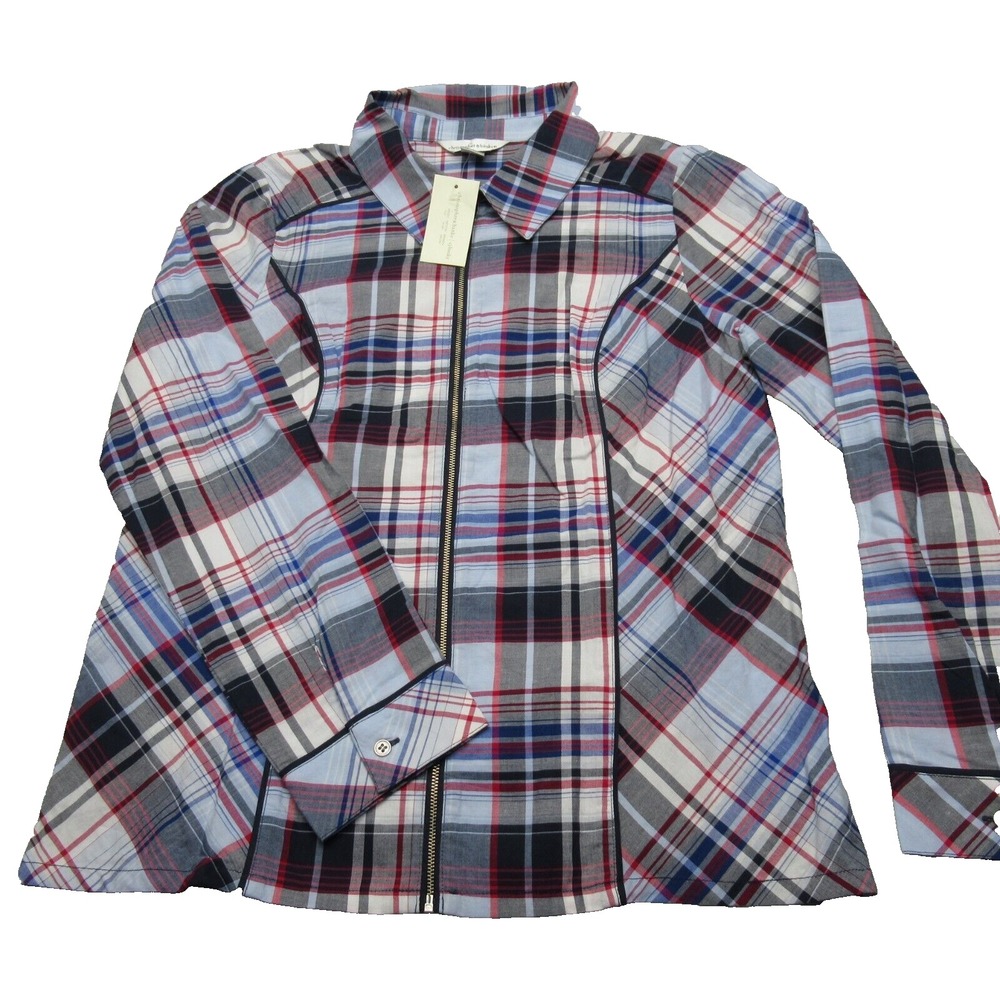 Christopher & Banks Shirt Jacket Women PM Red Gray Plaid Cotton Full Zip NEW